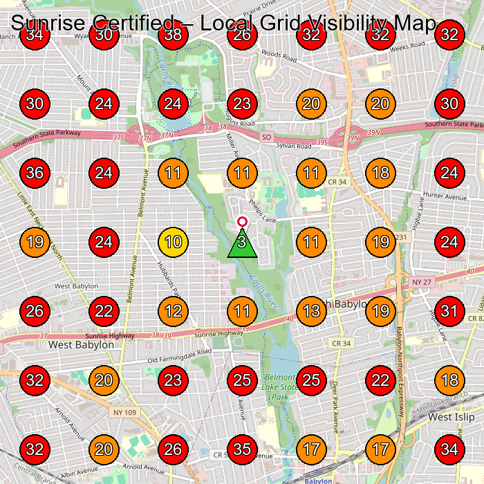 Sunrise Certified GeoGrid visibility map for Used Car Dealer in West Babylon